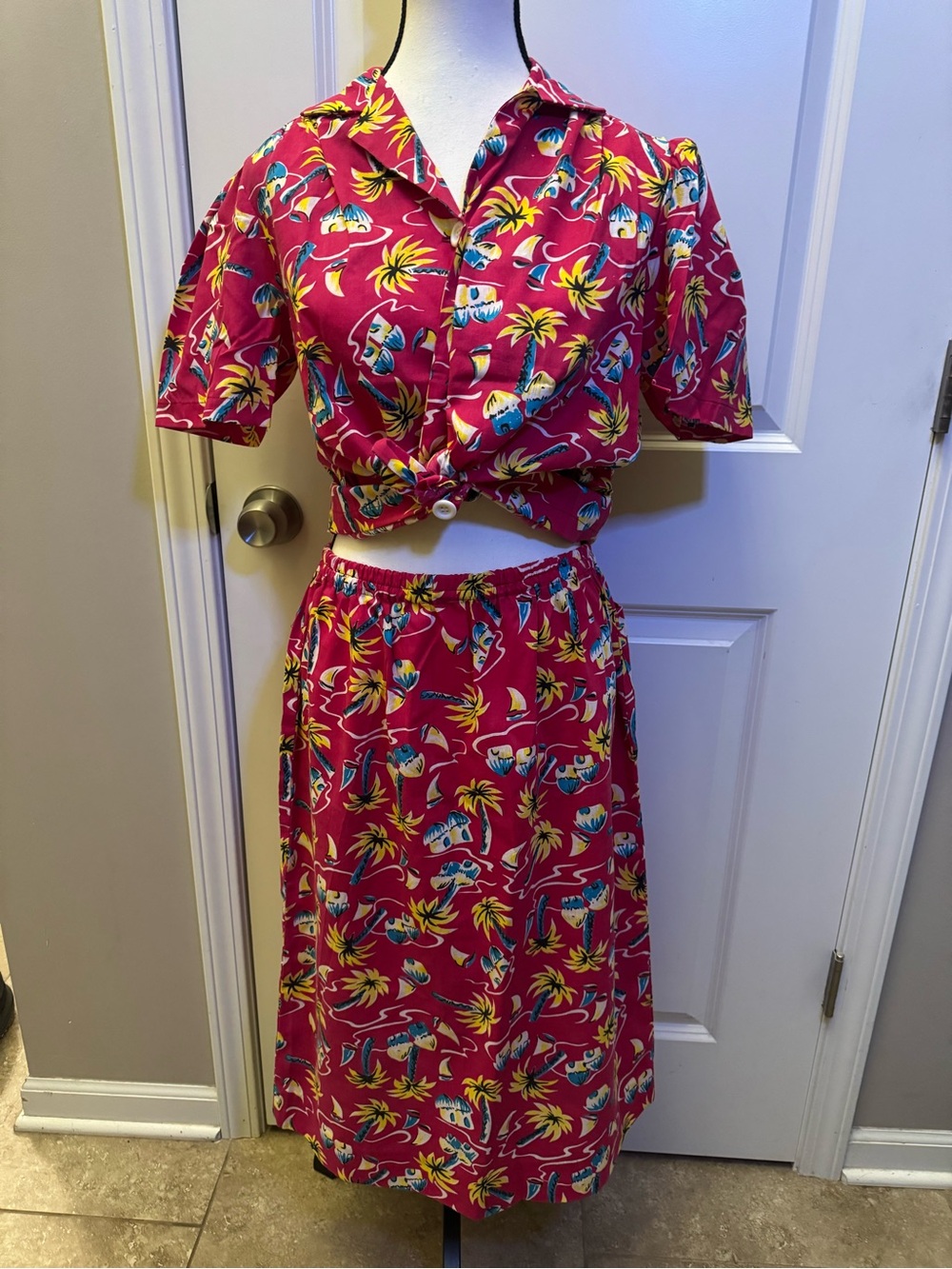 Vintage Hawaiian Tropical Skirt Set Pink Tiki Beach Resort Cruise Womens L